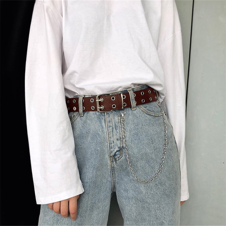 2842 - Women\'s Double Grommet Leather Jeans Belt, Brown , Size Large Sonceds Women Belt Double Grommet Belt Alloy Leather Jeans  main image 3