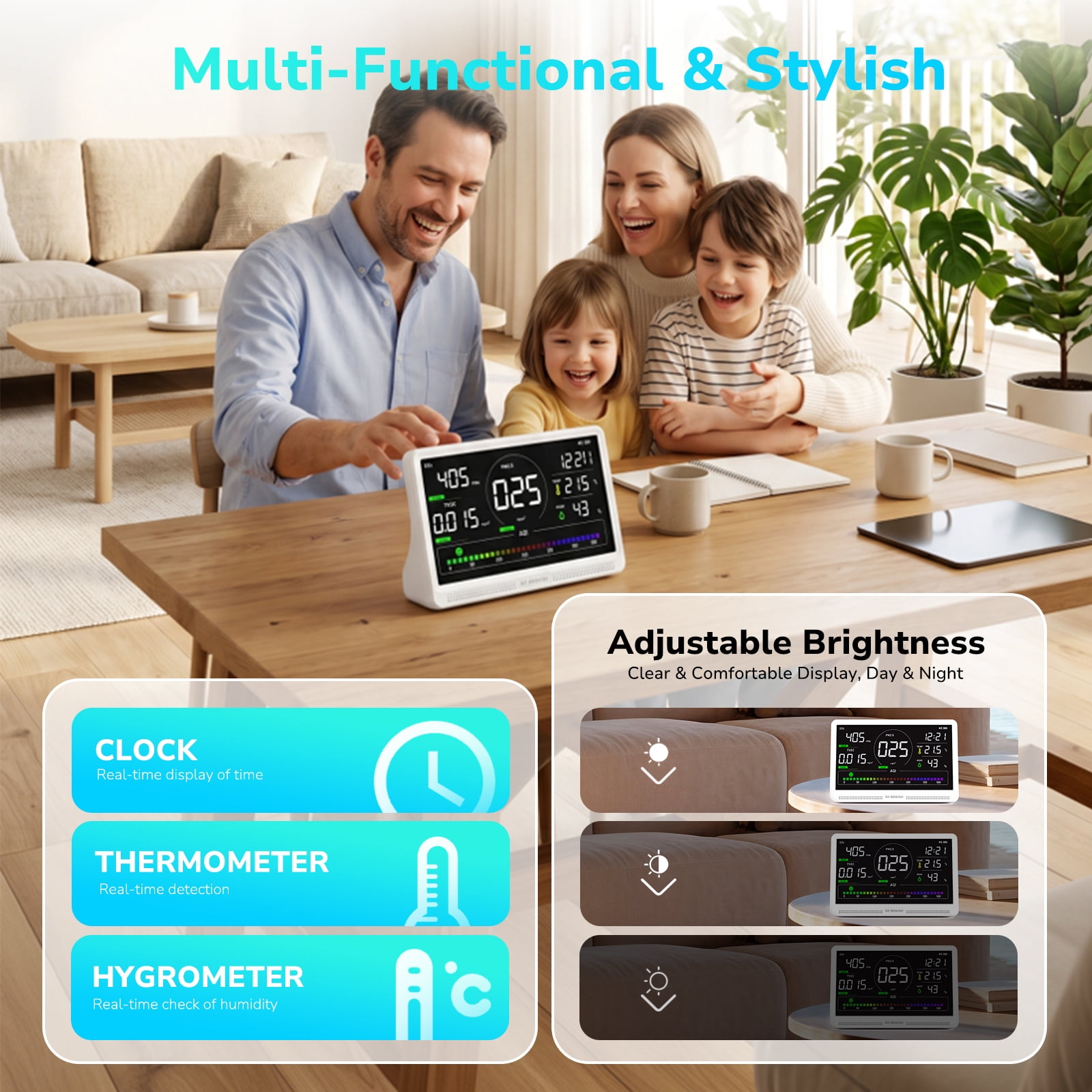 Fil-fresh 16 in 1 Air Quality Monitor Indoor 7" Display 9 AQI+7 AQI Alerts, CO2 Monitor Air Quality Tester for CO2, TVOC, HCHO, PM2.5, PM1.0, PM10, Time, Temperature, Humidity Meter