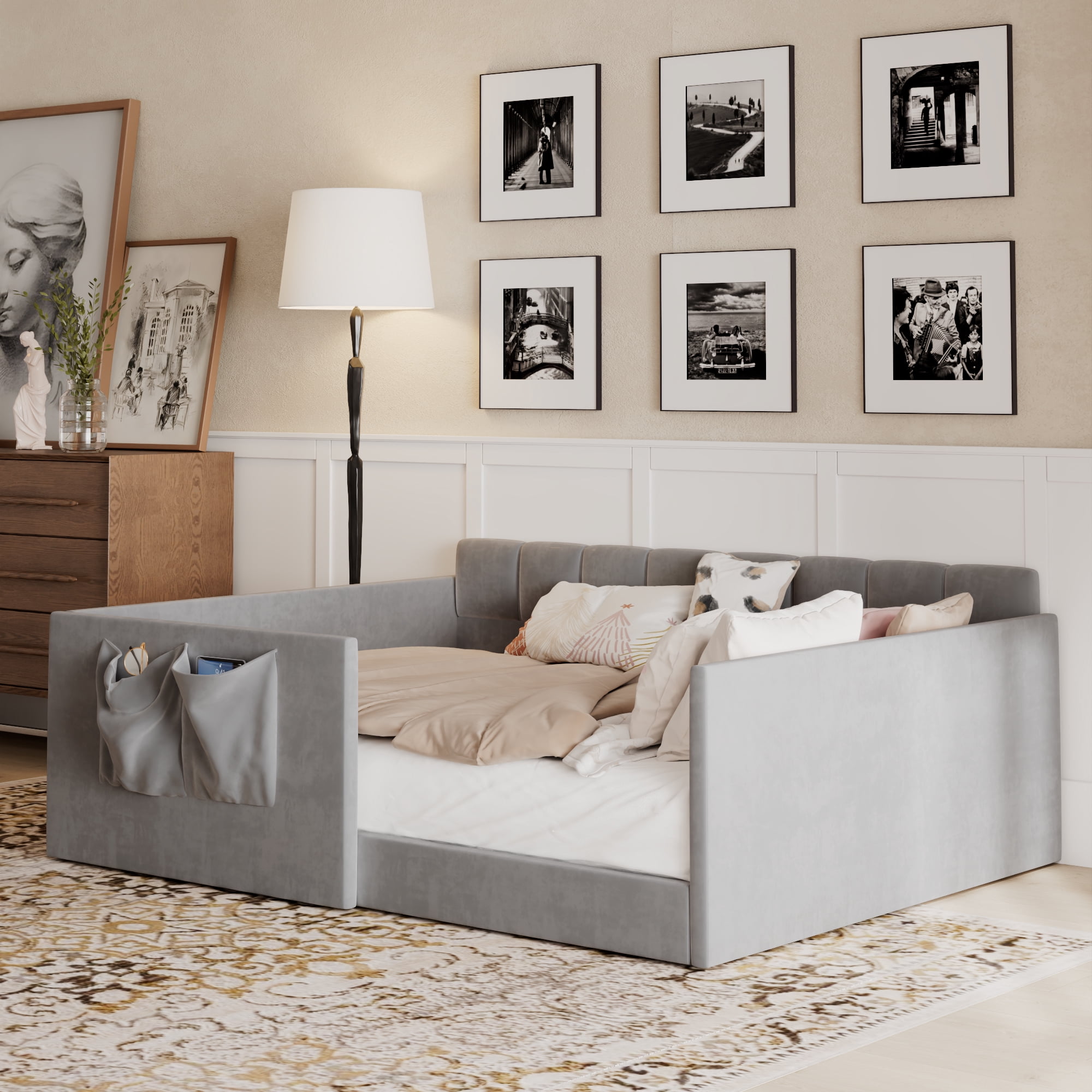Full Size Velvet Daybed with Storage Pockets and Walk-In Entrance, Upholstered Sofa Bed with High Side Panels for Guest Room and Small Spaces, Gray