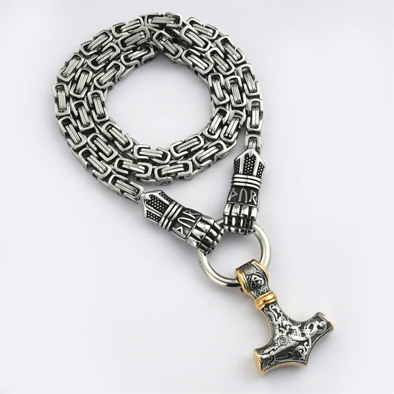 Men's Viking Thor's Hammer amulet necklace, vintage Nordic Thor's Hammer amulet pendant with a sturdy wheat chain, stainless steel jewelry.