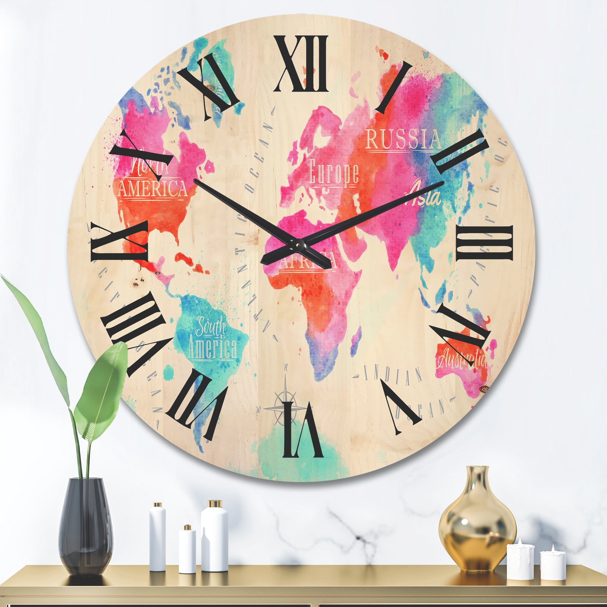 Designart 'World Map In Blue and Pink' Modern Wood Wall Clock