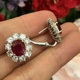 thumbnail image 2 of Beautiful Halo Women's Floral Drop Earrings in 14k White Gold Plated Oval Cut Red Ruby & Diamond, 2 of 4
