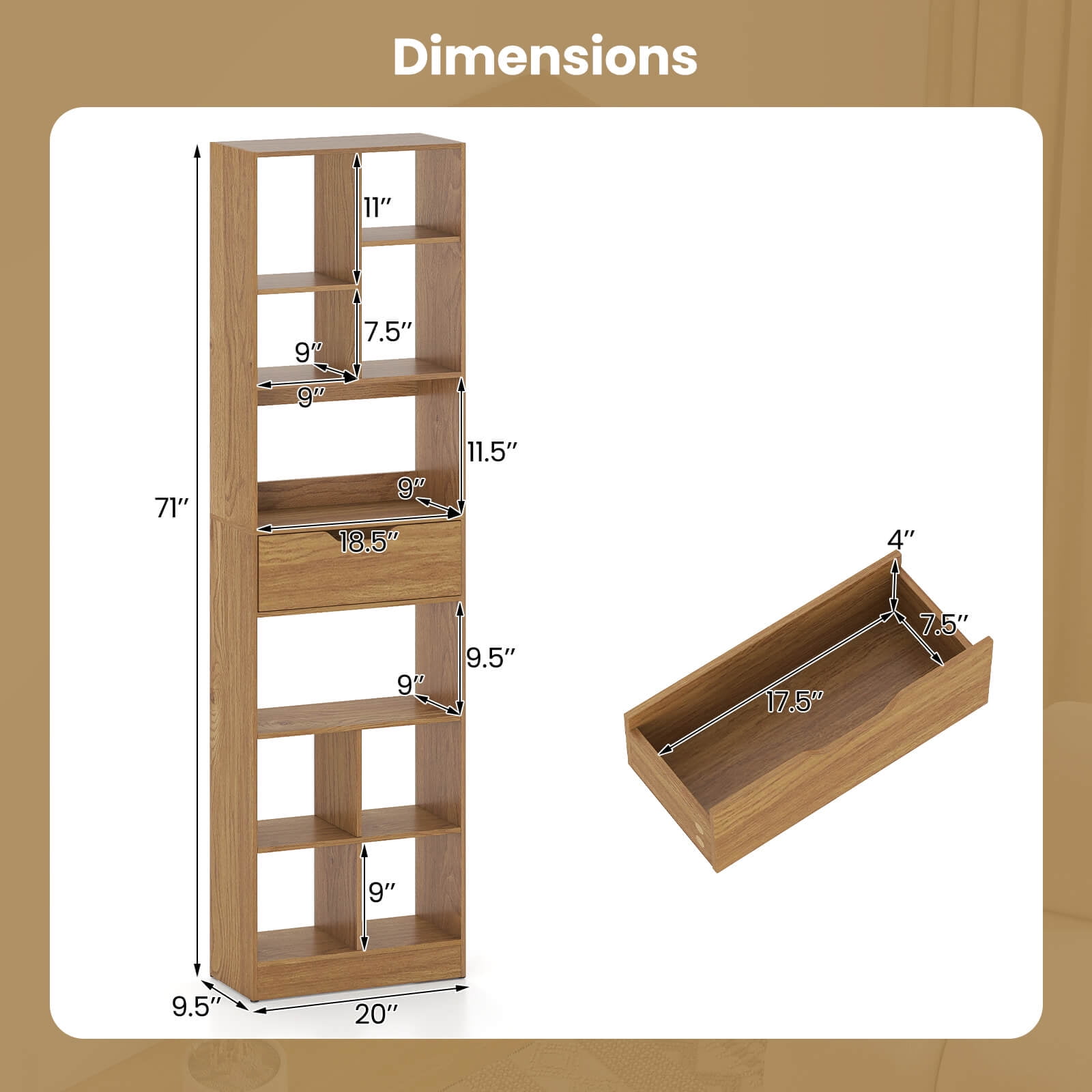 Costway 2 PCS 71” Bookcase with Drawer 10 Open Cubes Anti-toppling Kits for Living Room Natural