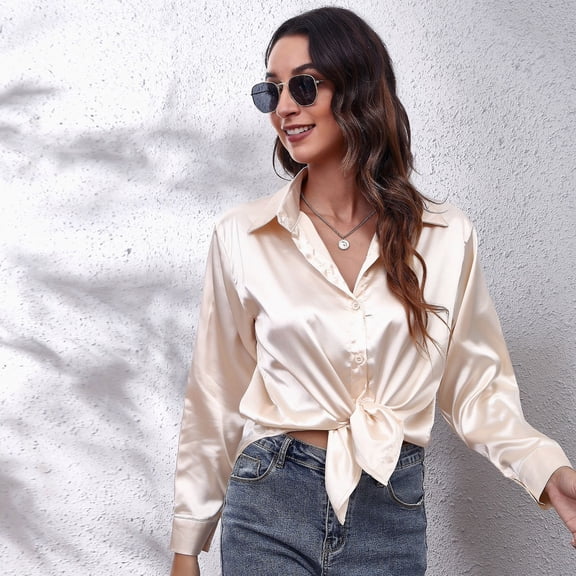 Women Long Sleeve Shirt Satin Silk Button Down Solid Color Curved Hem V Neck Top for Everyday Wear Champagne XXL