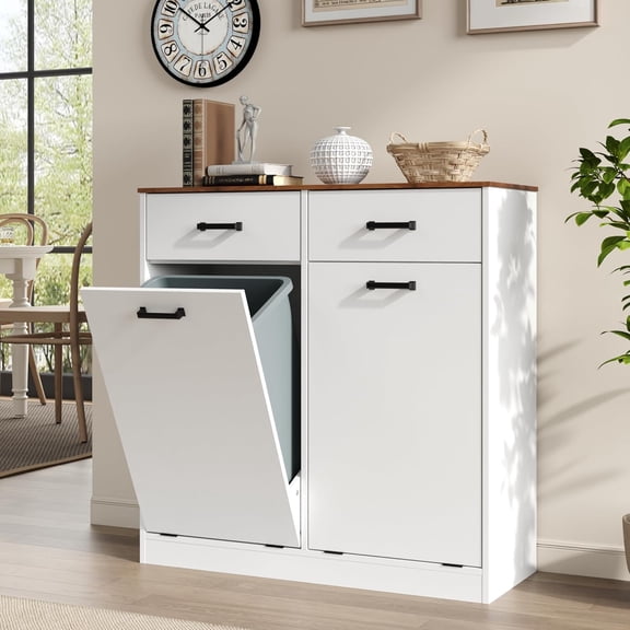 MHOM Farmhouse Double Tilt Out Trash Can Cabinet fits 13 Gallon Trash Bin, Kitchen Recycling Cabinet with 2 Drawers, Hidden Garbage Can Storage for Kitchen & Dining Room, Antique White