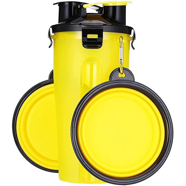 Cuencos para perros con botella de agua para perros, contenedor de comida para mascotas 2 en 1, amarillo
