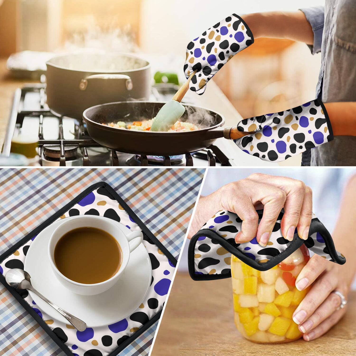 Leopard Print Oven Mitts and Pot Holders Set Of 4, Heat Resistant Kitchen Gloves with Non-Slip Grip, Hanging Loop, Soft Cotton Lining for Baking, Cooking, Grilling, Barbecue
