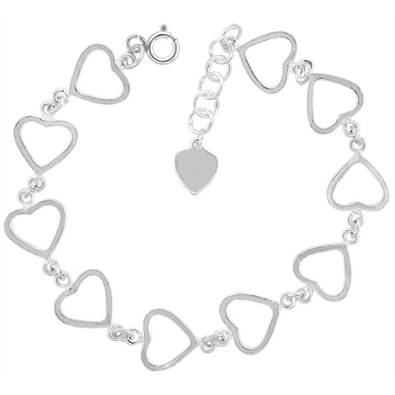 925 Sterling Silver Solid Italian Linked Open Hearts Charm Bracelet 11mm