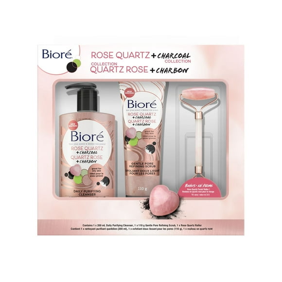 Biore Rose Quartz + Charcoal Collection Gift Pack for Oily Skin (Contains: Cleanser, Scrub and Bonus Rose Quartz Facial Roller)