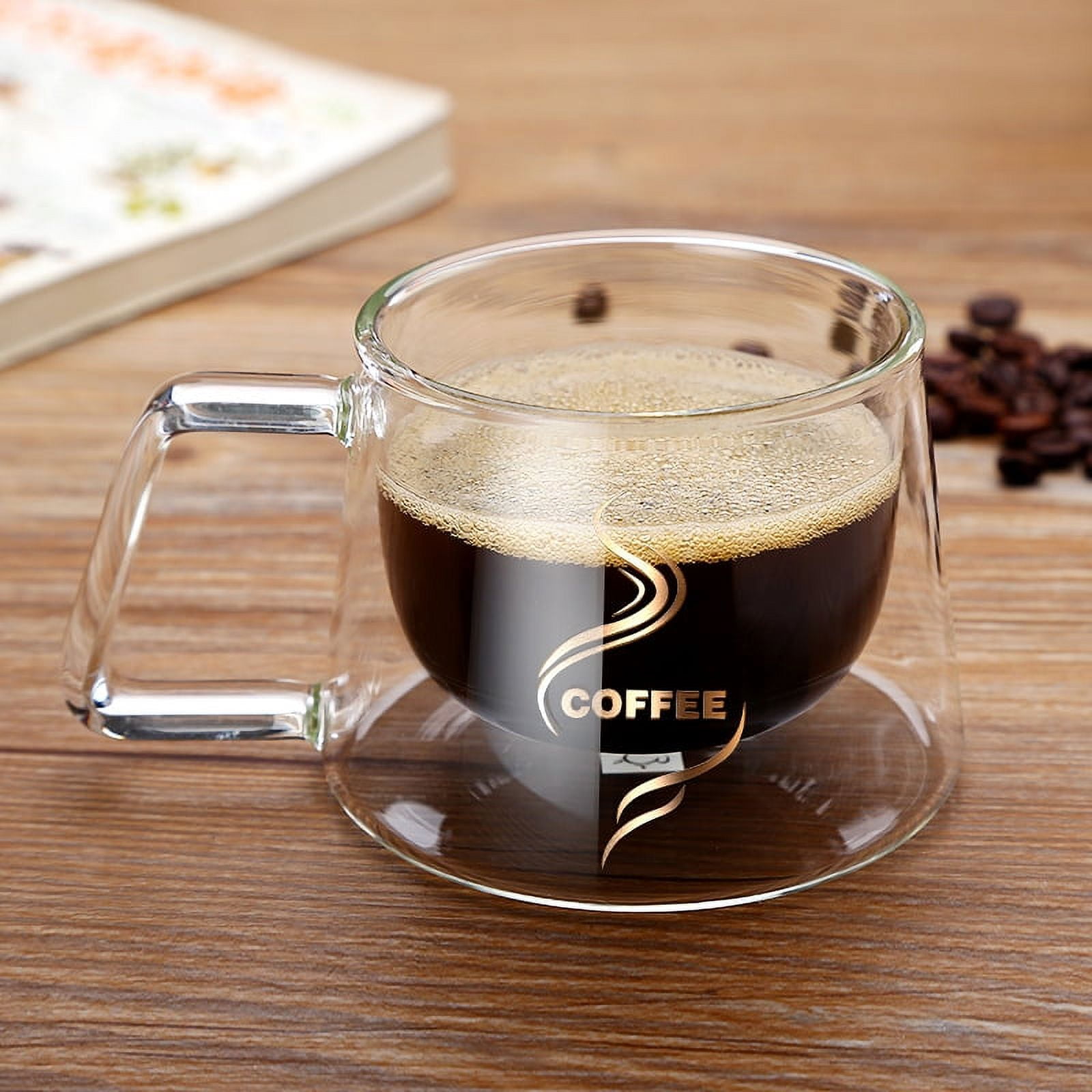 2 Pcs Coffee Mug Clear Glass Coffee Cups 6.8 oz with Handles & Spoon for Hot and Cold Beverages - Cappuccino, Latte, Tea Cup. Crystal Clear Glass Cups, Espresso Coffee Gifts