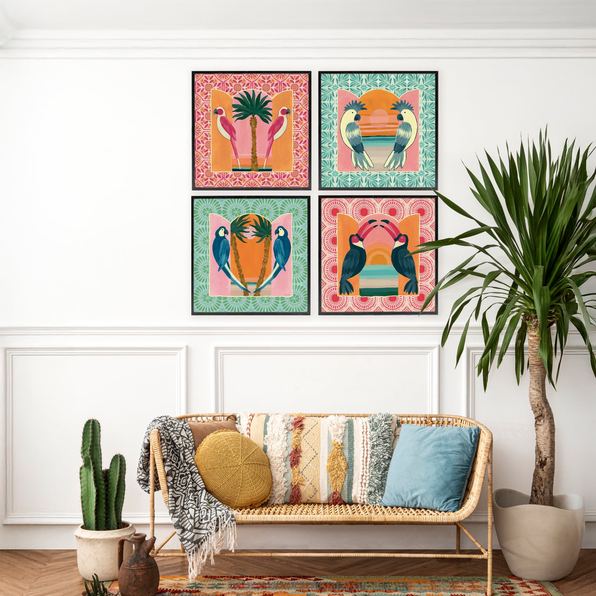 Stupell Industries Patterned Twin Bird Symmetry 4 Piece Black Framed Giclee Art Set, design by Yvette St. Amant