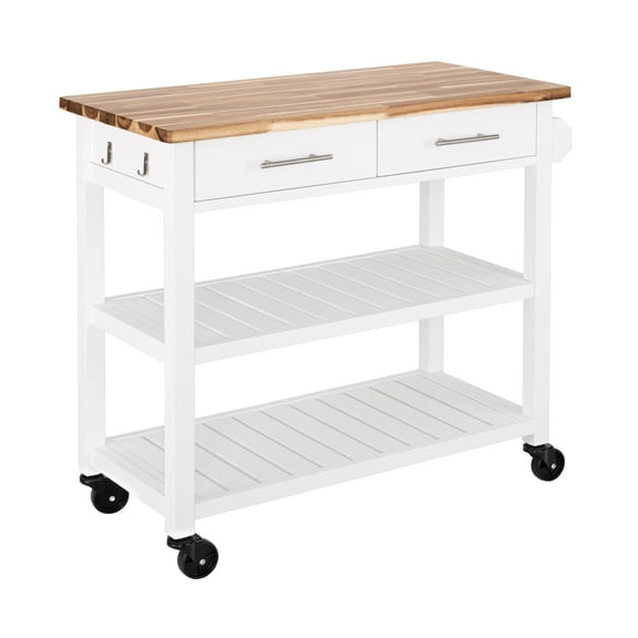 Seville Classics Acacia Wood Top Work Table Island Cart, White, 38.6" W x 18.5" D