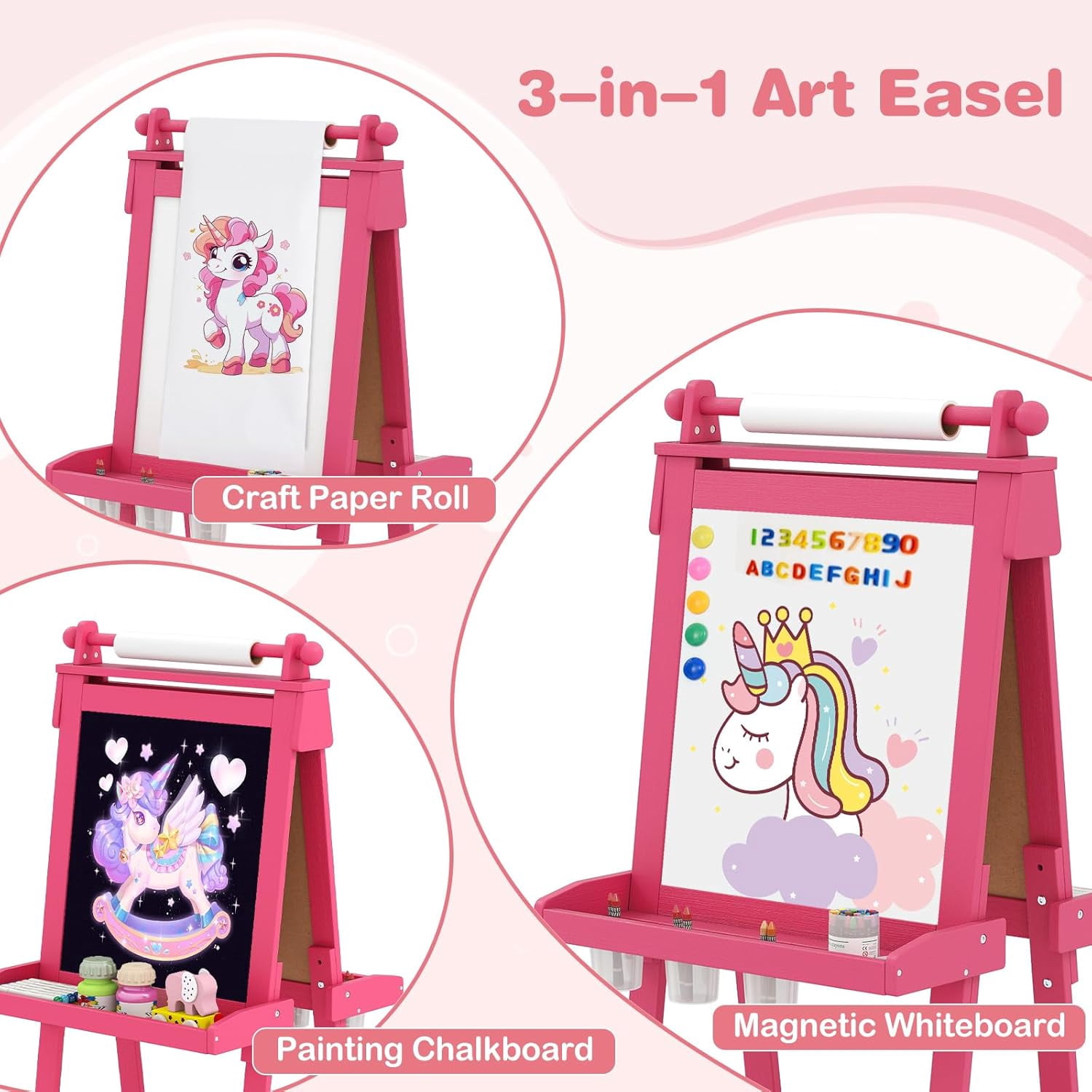 OLAKIDS Easel for Kids, 3 in 1 Adjustable Painting Art Board, Foldable Double-Sided Wooden Drawing Chalkboard Magnetic Whiteboard with Paper Roll, Storage Rack, Cups for Boy Girls