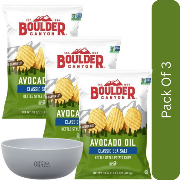 Boulder Canyon Avocado Oil Kettle Style Classic Sea Salt Potato Chips (18 oz) -3pk, With Olive White Bowl By OMA
