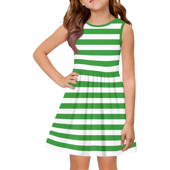YOUYEDIAN Toddler Girls Striped Summer Dress Kids Cute Sleeveless Dresses Teen Casual Patchwork Crew Neck Sundress (Green, 3-4 Years)