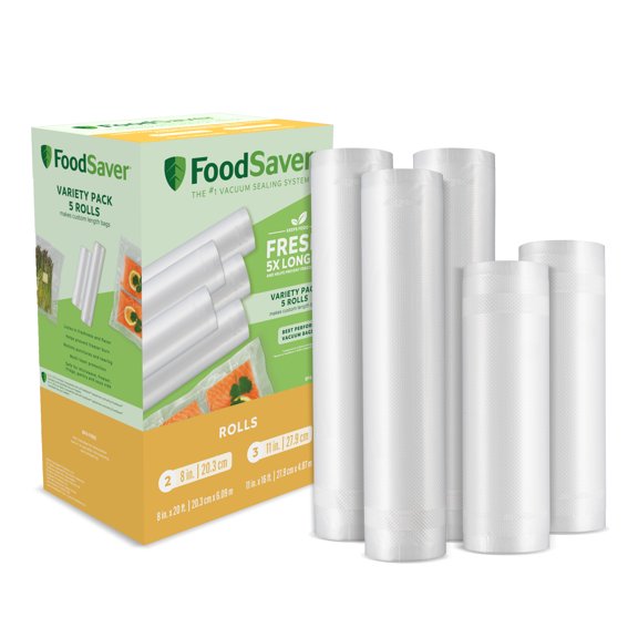 Ensemble de rouleaux d’emballage sous vide FoodSaver, 3 rouleaux (11&nbsp;po x 16&nbsp;po) et 2 rouleaux (8 po x 20 pi)