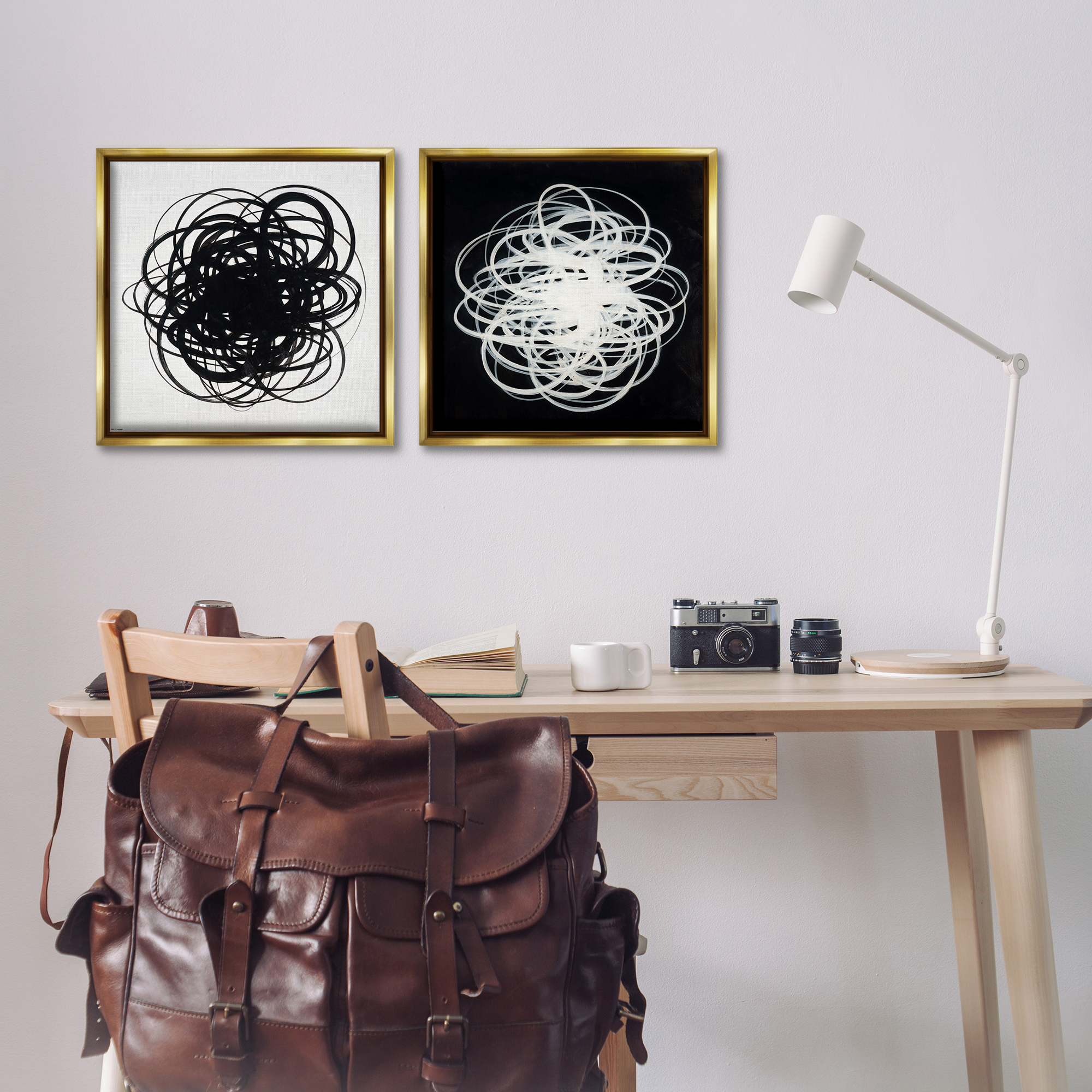 Stupell Industries Black & White Tangled Lines Abstract Painting Gold Floater Framed Canvas Art Print Wall Art, 18 x 18, Set of 2