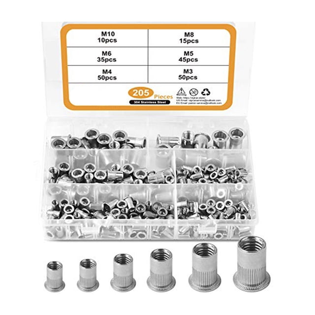 205Pcs 304 Stainless Steel Rivet Nut Assort Set Flat Head Threaded Nutserts