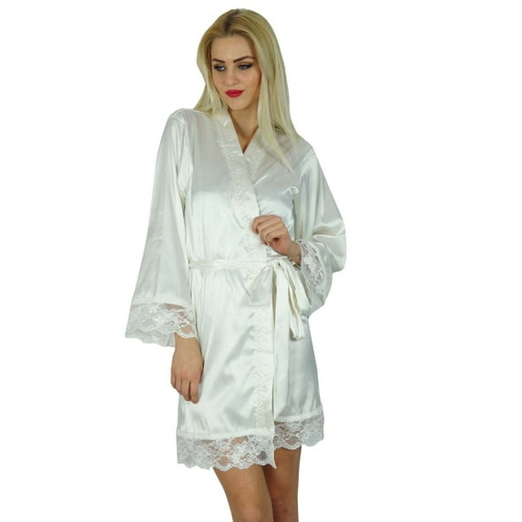 Bimba Women Kimono Sleeve Satin Short Robe Bride Bridesmaid Lace Robes Coverup