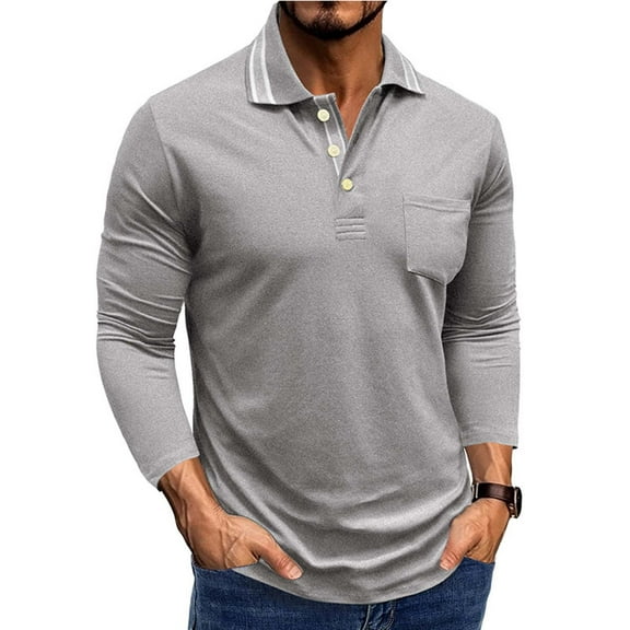 Aobny Polo Pocket Men Shirt Long Sleeve Cotton Gray Collared T Shirts Plain Pullover Men's T Shirts,S