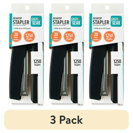 (3 pack) Pen + Gear 20-Sheet Desktop Stapler with 1250 Staples,Black,Manual