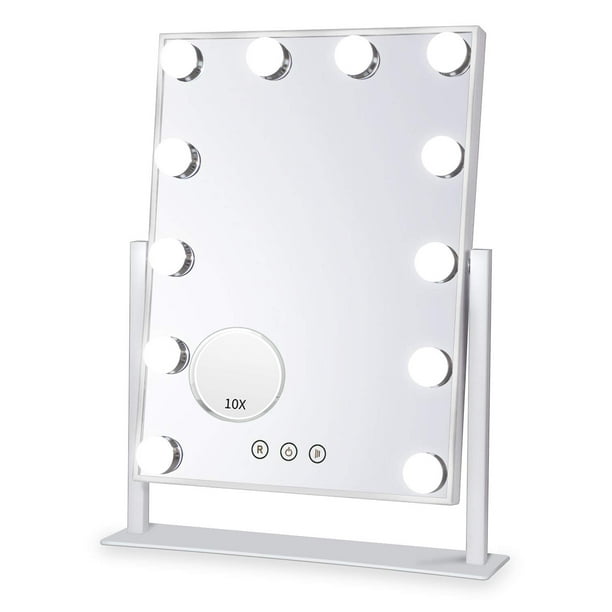 Espejo LED Hollywood Vintage, Espejo de tocador con 12 Bombillas LED Regulables en 3 luces de colores y un espejo de aumento 10X, 360° Rotación Libre (Blanco)