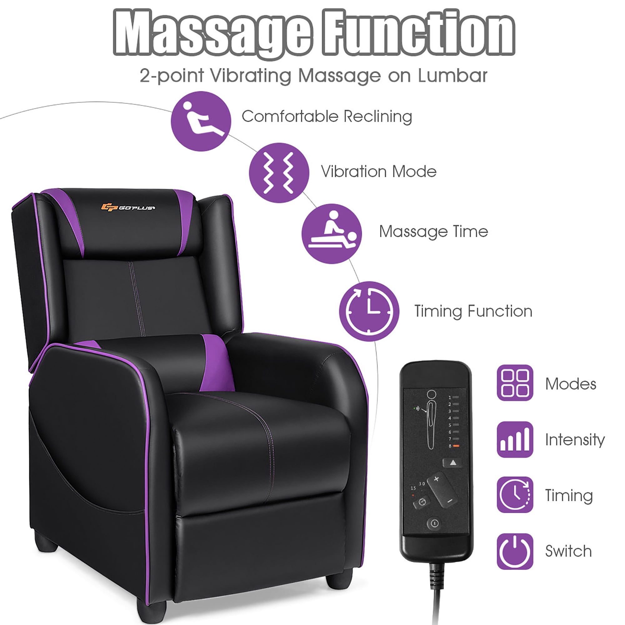 Goplus Massage Gaming Recliner Chair Single Living Room Sofa Home Theater Seat Purple
