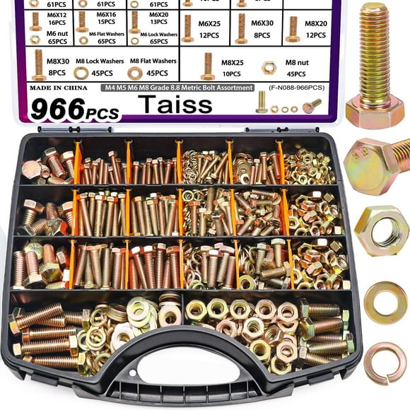 Taiss 966pcs Grade 8.8 Metric Bolt Assortment,Metric Bolts and Nuts Assortment,Bolt Kit M4 M5 M6 M8(12-30mm) Heavy Duty Hex Bolts and Nuts Kit Flat/Lock Washer Yello