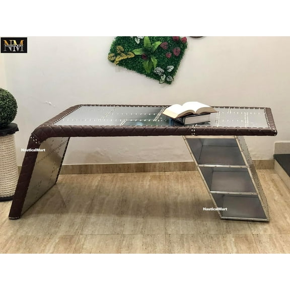 NauticalMart Aviator Wing Desk with Storage Aluminum and Leather Office Desk Silver & Brown (64 Inches)