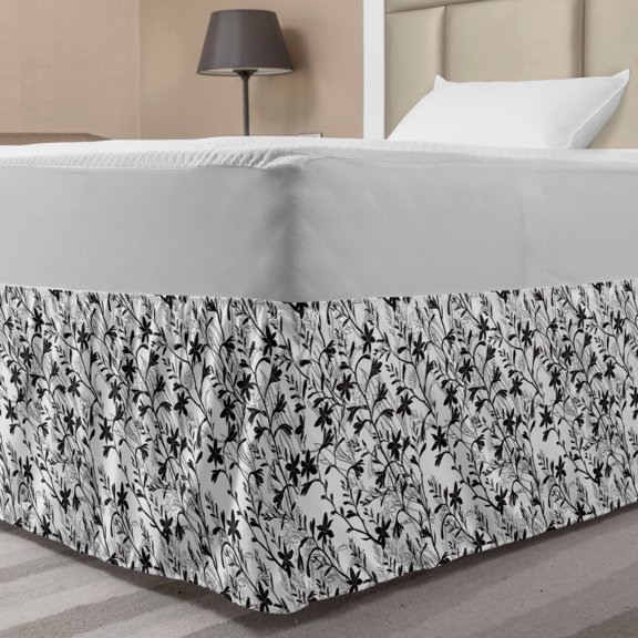 Floral Bed Skirt, Blooming Flora Wild Herbs Montbretia Silhouettes in Monotone Layout, Elastic Bedskirt Dust Ruffle Wrap Around for Bedding Decor, 4 Sizes, Charcoal Grey and White, by Ambesonne