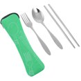 thumbnail image 3 of Palillos portátiles de acero inoxidable con cuchara, tenedor y bolsa de almacenamiento, juego de vajilla para acampar (verde), 3 of 5