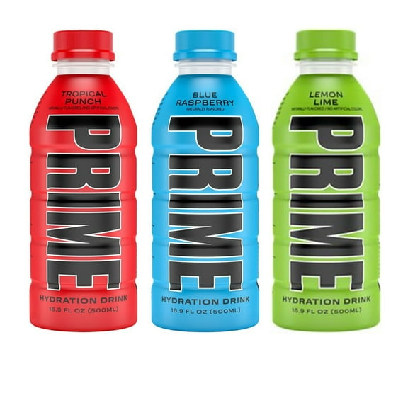 Prime Hydration Drink Variety Pack (16.9oz 6pk) Tropical Punch, Blue Raspberry, Lemon Lime