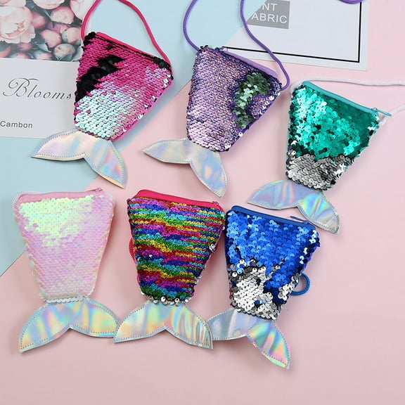 Women Mermaid Tail Sequins Coin Purse Girls Crossbody Bags Sling Money Change Holder Purse Bag Pouch For Gifts (Purple)