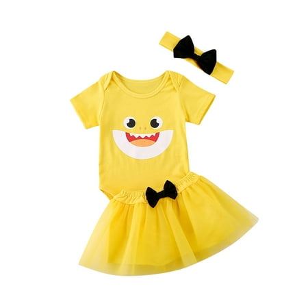 

Biekopu Girl Skirt Suit Pattern Printed Jumpsuit Bowknot Headband Yarn Dress Set