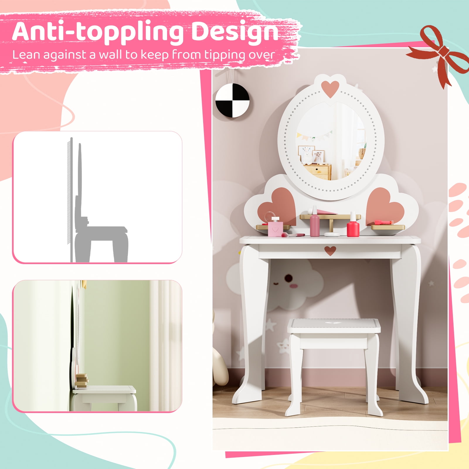 Pirecart Kids Vanity Table and Chair, Makeup Dressing Set with Round Mirrors and 8 Pcs Pretend Play Accessories, White