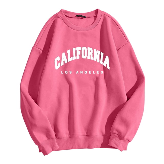 Chandail en Molleton pour Femmes Basique Automne Long Graphique Col Rond Manches Longues Chandail Chandail en Molleton avec Imprimé Drapeau Usa Chandail Manche Longue Femme Rose Vif P