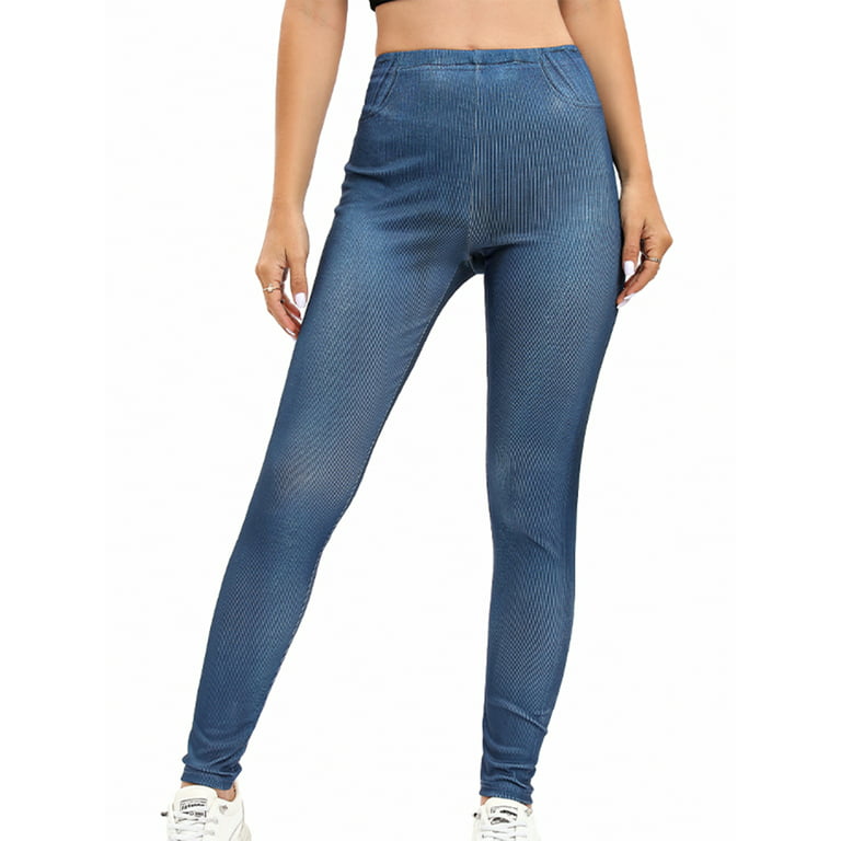 Glonme Women Leggings Elastic Waisted Fake Jeans Skinny Faux Denim Pant  Workout Stretch Bottoms Tight High Waist Jeggings Blue XL 
