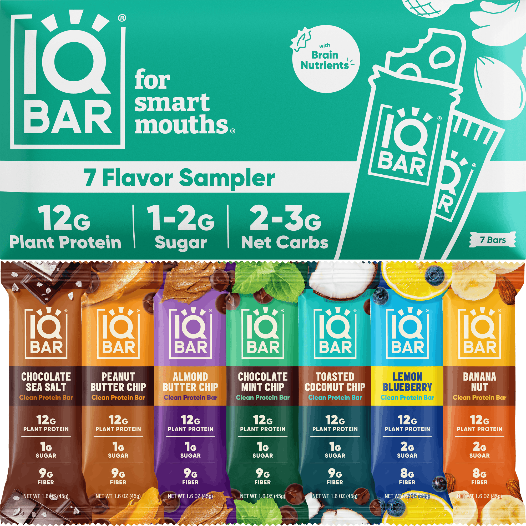 IQBAR Clean Plant Protein Bars - Bar Sampler - 7 Count - Keto, Vegan, High Fiber, Gluten and Dairy Free, Low Sugar Snack