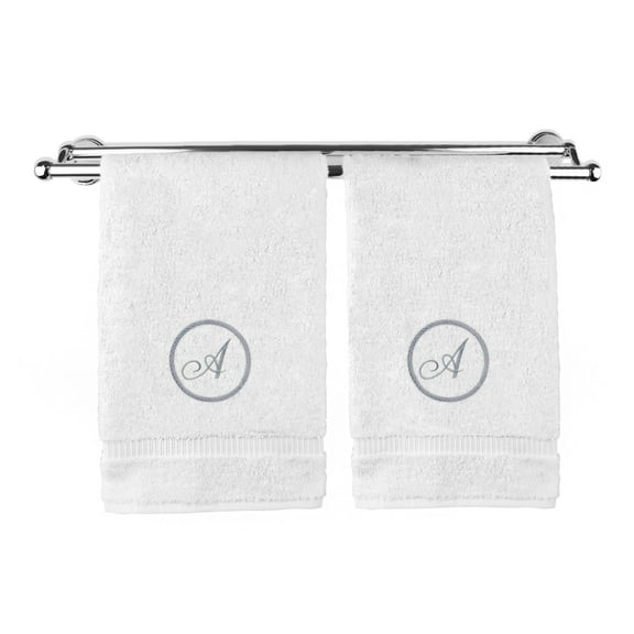 Monogrammed Hand Towel, Personalized Gift, 16 x 30 Inches - Silver Letter Embroidered with Circle Design on White Towel - Extra Absorbent - 100% Turkish Cotton - Soft Terry Finish - Initial A