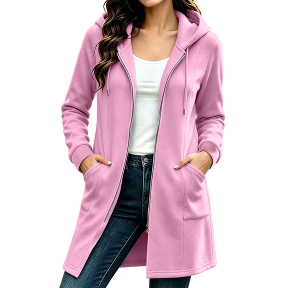 Edvintorg Coats for Women Plus Size Hooded Jacket Long Sleeve Zip up Outerwear with Pocket Long Coat Woman Clothes Pink S-3XL