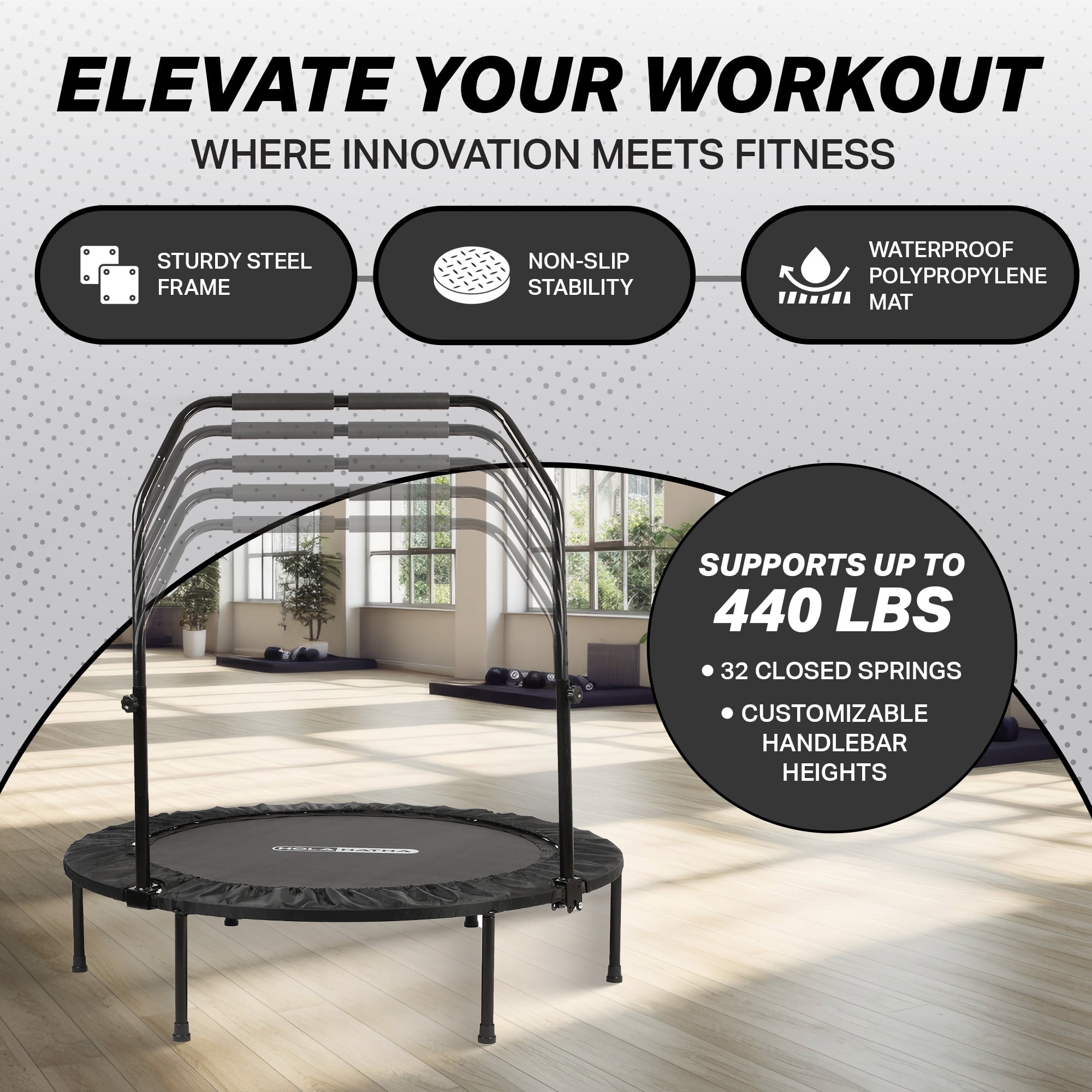 HolaHatha 40 Inch Foldable Mini Trampoline with Adjustable Handle, Black