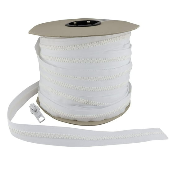 EZ-Xtend #10 Lenzip Plastic Molded Plastic Tooth Chain Zipper By The Yard - Locking Sliders WHITE (10 Yards & 8 Double Pulls)