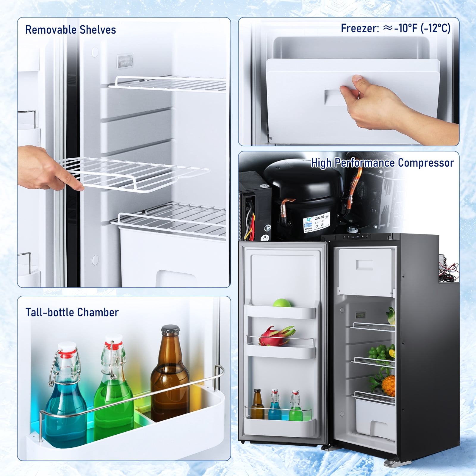 Hemoton Black Rv Refrigerator with Dual Temperature Zones and Powerful Cooling for Camping