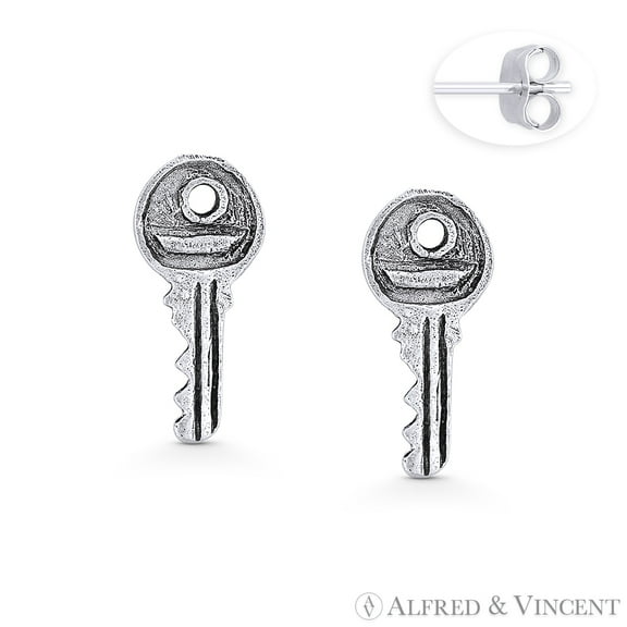 Rustic Door Key Charm Stud Earrings in Oxidized .925 Sterling Silver