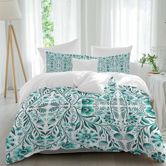 3 Piece Teal Boho Duvet Cover Set Queen Size,Microfiber Comforter/Quilt Cover with Corner Ties and 2 Pillowcases,Ethnic Tribal Floral Abstract Art Aesthetics All Season Bedding with Zipper Closure