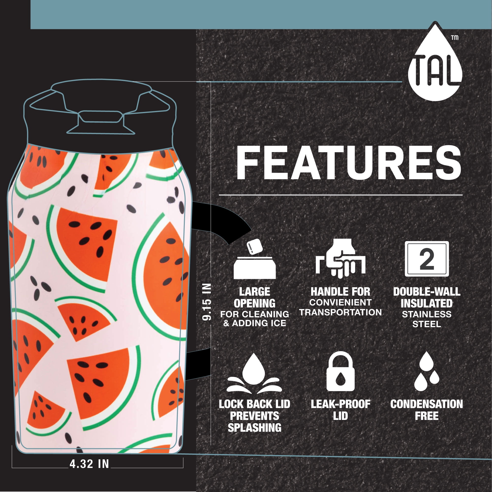 TAL Stainless Steel Basin Water Bottle 40 fl oz, Watermelon