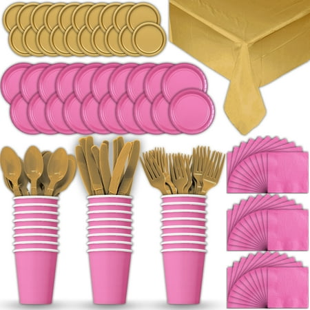 Gold Dinner Knife - Paper Tableware Set for 24 - Hot Pink & Gold - Dinner and Dessert Plates, Cups, Napkins, Cutlery (Spoons, Forks, Knives), and Tablecloths - Full Two-Tone Party Supplies Pack