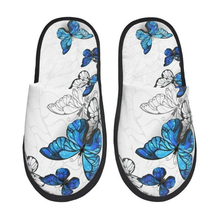 Balery Blue Flying Butterflies Slient Indoor Furry Fleece Comfort House Shoes Soft Non-Slip Home Shoes Cotton slippers House Slippers-- Large