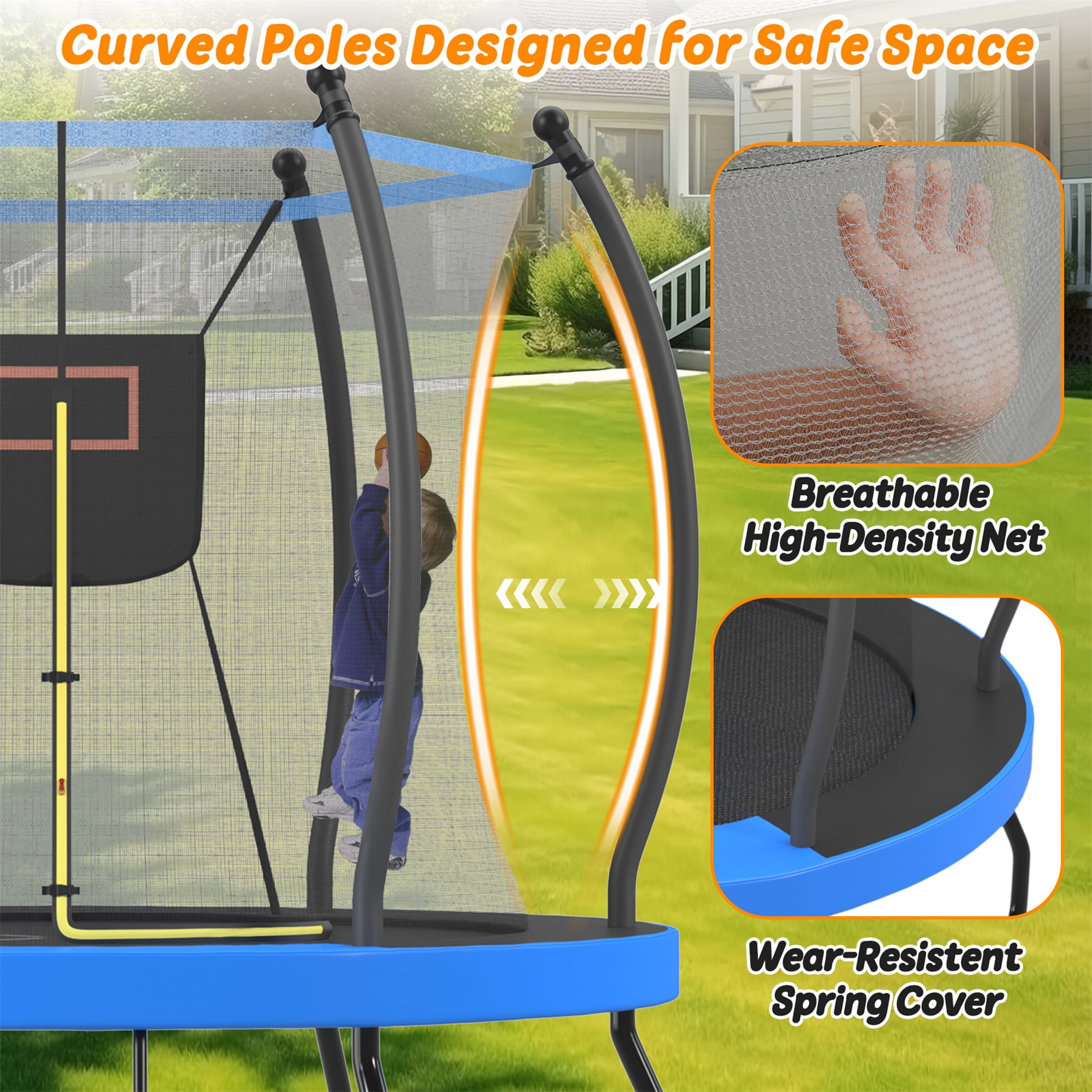Alvantor 8ft Trampoline with Basketball Hoop, Round Trampolines for Kids with Enclosure net & Balloon Blue