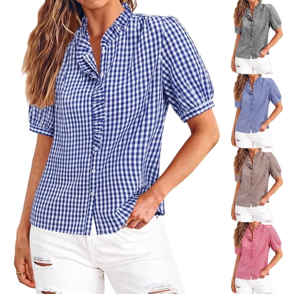 Gingham Tops for Women Short Puff Sleeve Ruffle V Neck Button Down Shirts for Women Summer Tops Fashion Casual Work Blouse Blue S